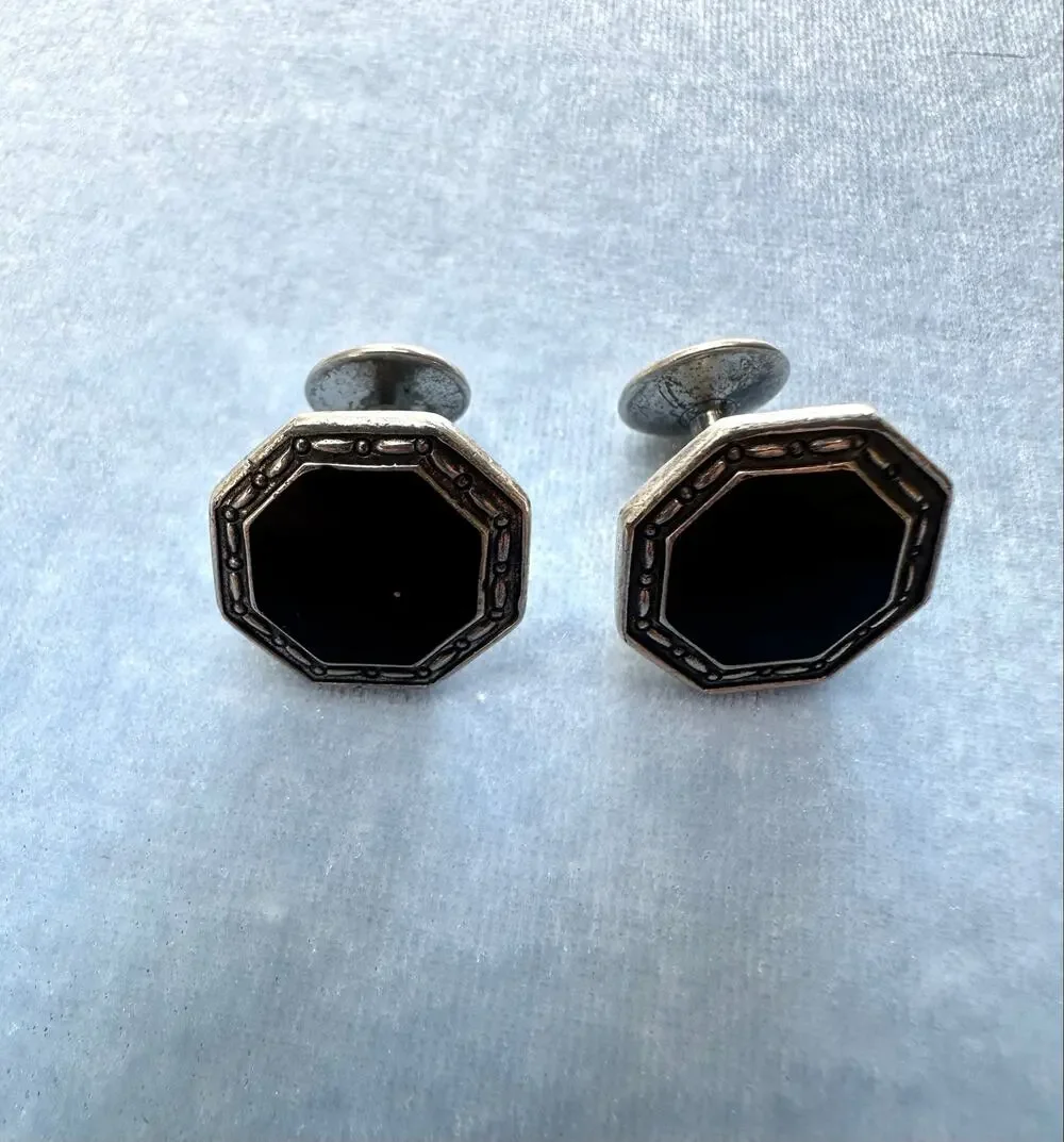Vintage Sterling Silver Cufflinks Black Onyx Enamel Art Deco Mens